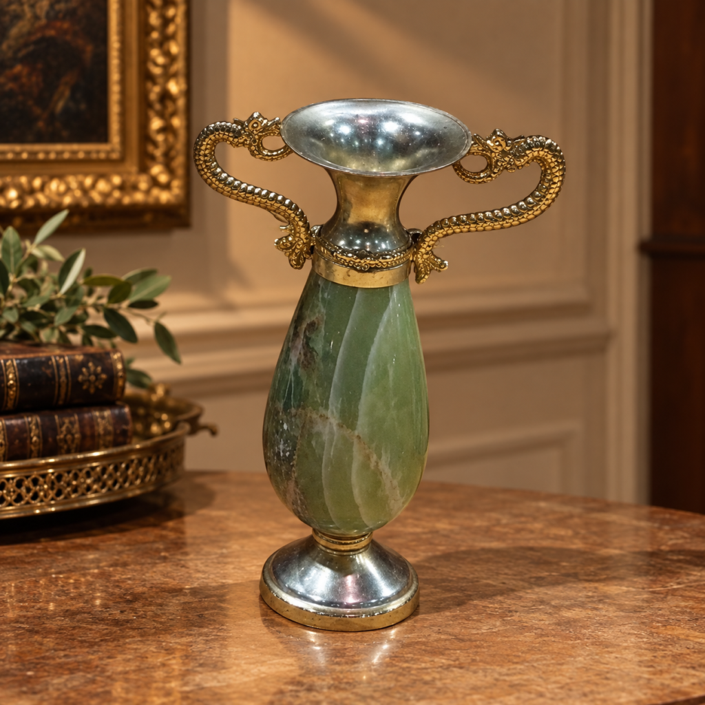 Vintage Italian green onyx decorative ewer with ornate silver-tone metal handle, rim and pedestal base, c. 1960s.