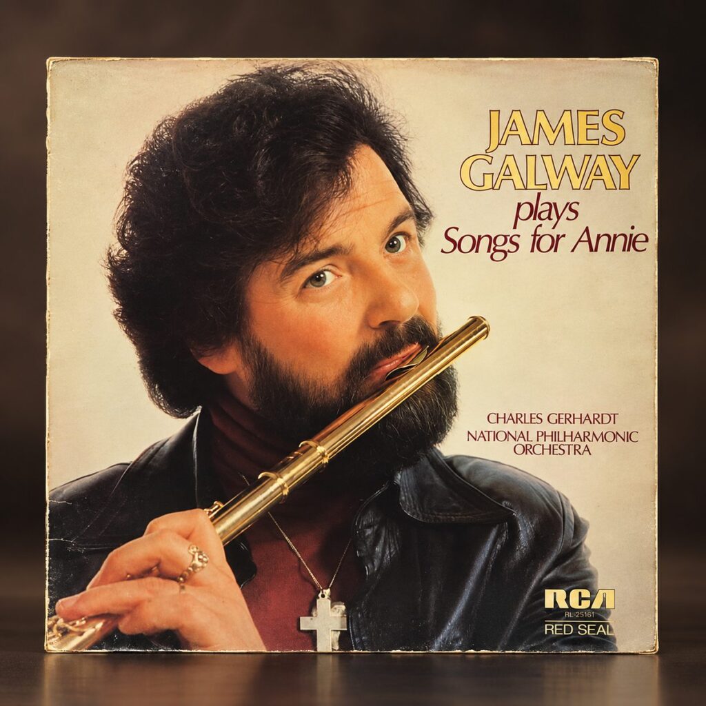 Vintage 1978 James Galway Songs for Annie RCA Red Seal vinyl LP, featuring the flautist holding a golden flute on the original album cover.