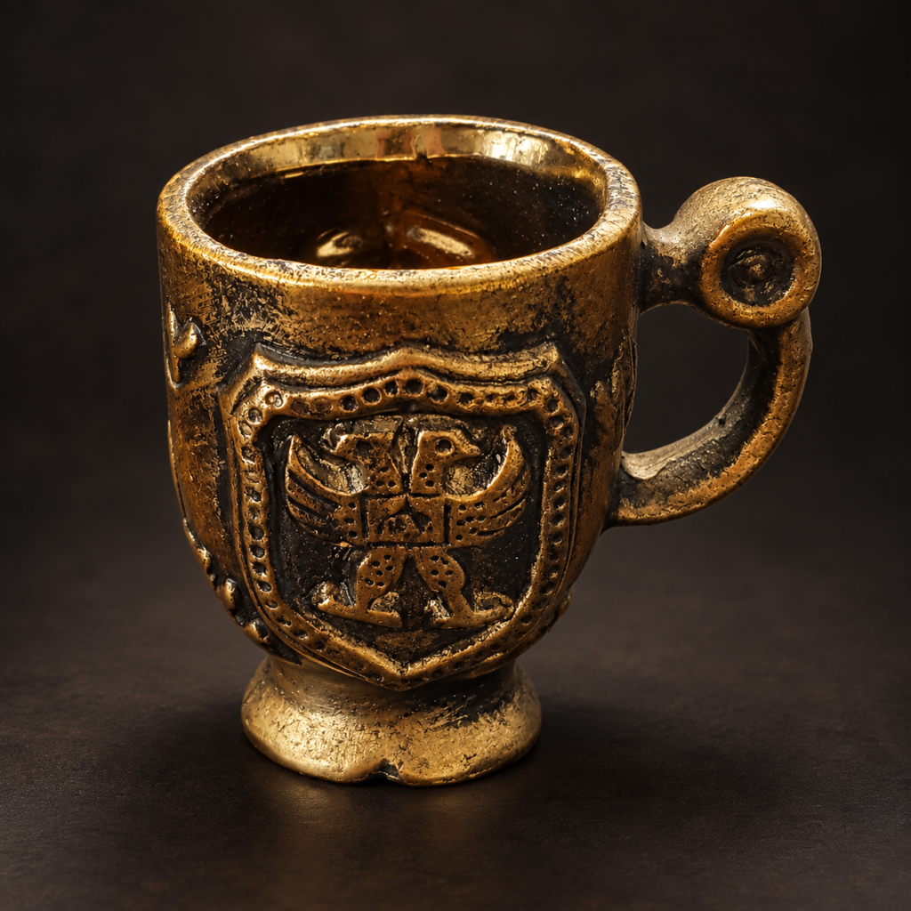 Vintage miniature cast brass mug with embossed heraldic eagle and shield emblem, loop handle and aged dark patina, c. 1950s.