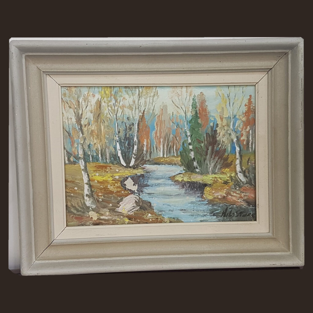 Vintage 1960s signed Nils Stork Swedish oil painting depicting an autumn forest with birch trees and a winding blue river, presented in a cream-painted wooden frame, 45 × 36 cm.