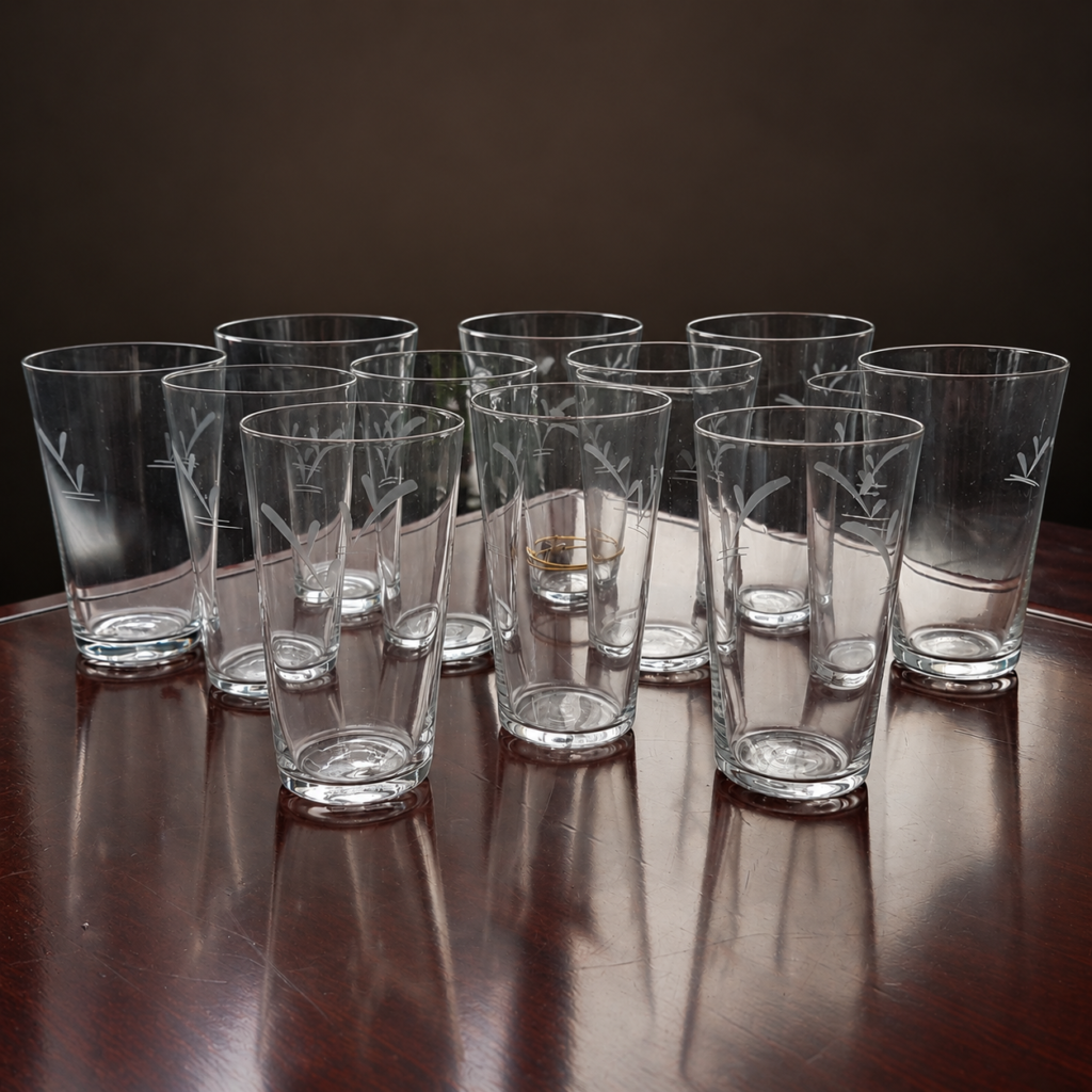 Set of 12 vintage 1970s Noritake Sasaki Japanese clear glass highball tumblers featuring delicate etched bamboo patterns.