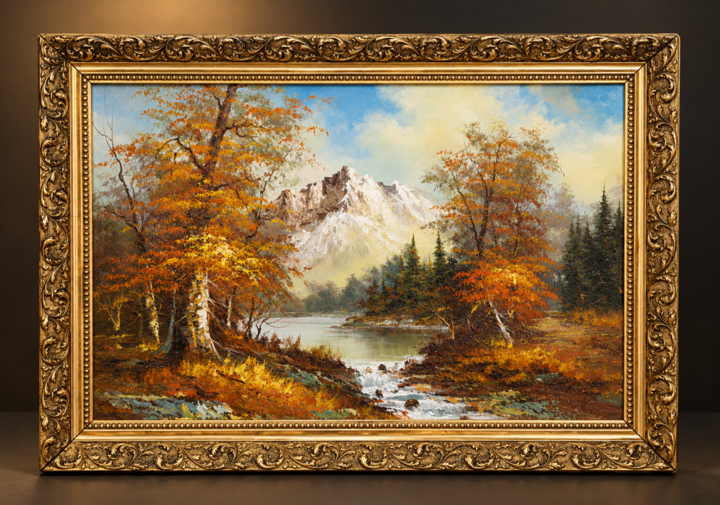 Vintage oil painting signed C. Andre, depicting an autumn forest, lake, waterfall, and snow-capped mountains in an ornate gold Baroque-style frame.