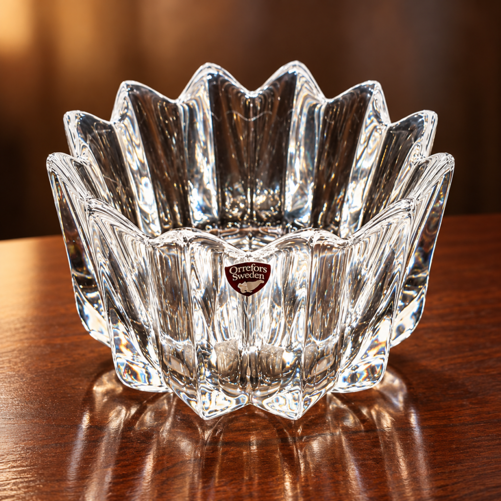 Vintage Orrefors Sweden c. 1970s clear crystal lotus flower bowl with sculpted pointed petals, textured glass, and original Orrefors label.