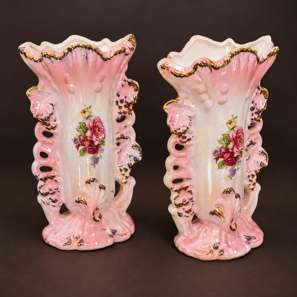 A pair of vintage Taiwan pink and ivory Rococo-style ceramic mantel vases with floral bouquets, scalloped gold-trimmed rims and decorative pierced scrollwork.