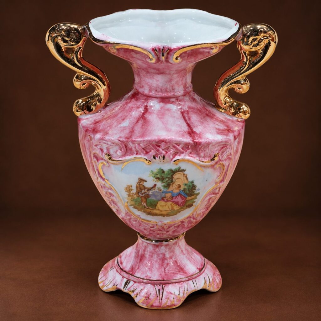 Vintage pink marbled porcelain urn vase with ornate gold handles, romantic Rococo-style pastoral scene, and decorative pedestal base.