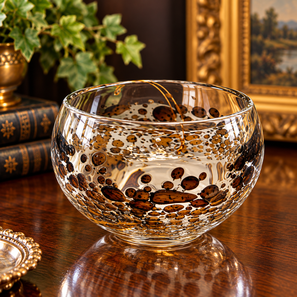 Vintage Scandinavian-style hand-blown art glass bowl with amber and brown bubble inclusions, rounded clear glass form, c. 1960s.