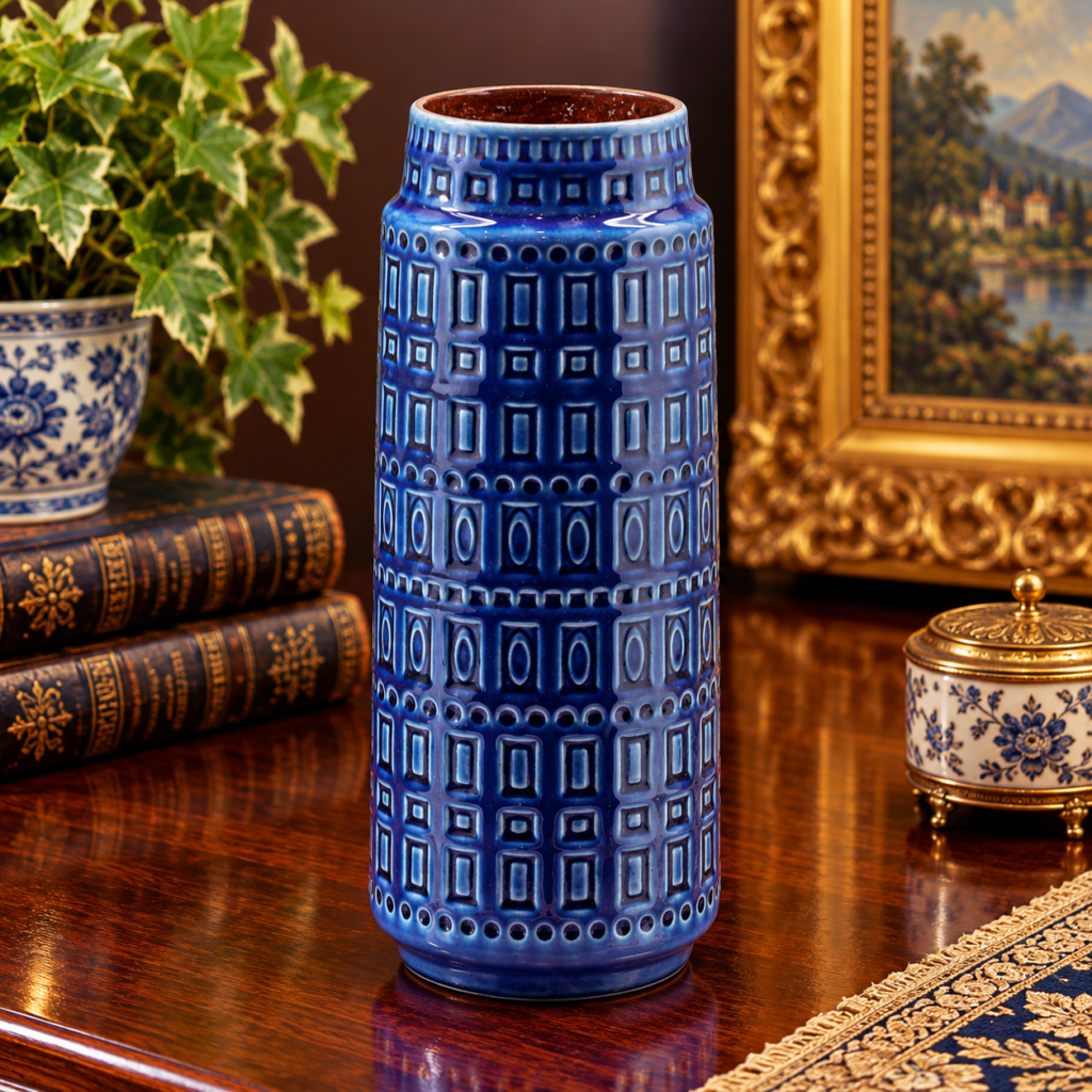 Vintage 1960s Scheurich Inka cobalt blue ceramic vase from West Germany, featuring raised geometric relief patterns and a tall cylindrical design.
