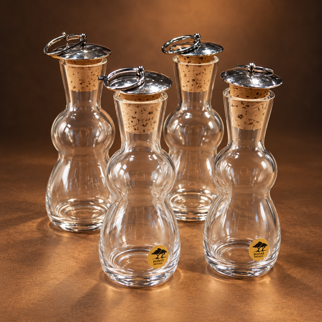 Set of four vintage Swedish Ekenäs clear glass cruet bottles with natural cork stoppers and polished metal lids, featuring elegant mid-century Scandinavian design.