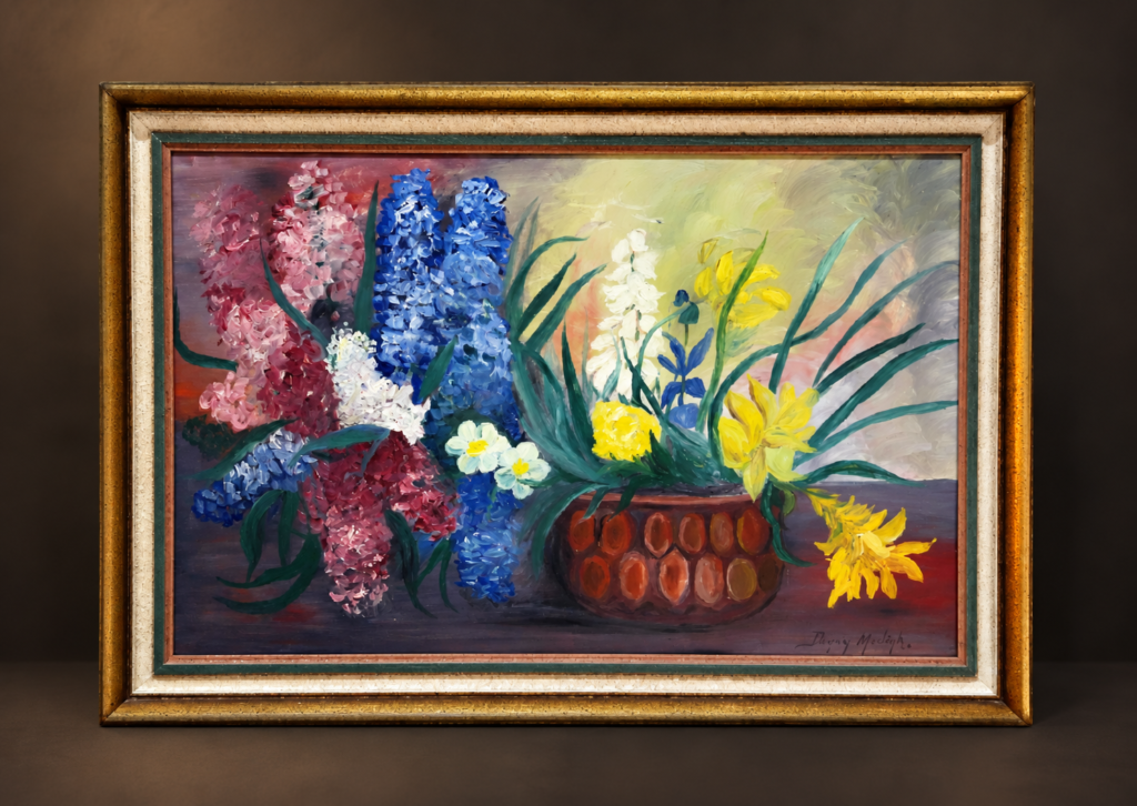 Vintage Swedish floral oil painting signed Dagny Modigh, featuring colorful hyacinths, yellow daffodils, and spring flowers in a decorative frame.