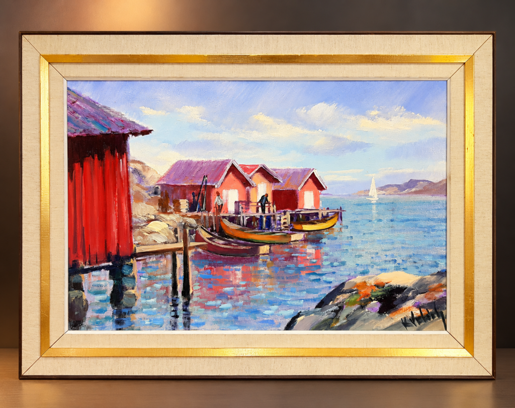 Vintage Swedish coastal oil painting signed Kirsti Veldre, featuring red fishing boathouses, wooden boats, and a peaceful harbor in a cream and gold frame.