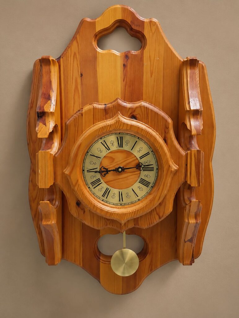 Vintage Swedish pine wood pendulum wall clock, c. 1970s, featuring a warm honey-toned wooden case, Roman numeral dial, carved rustic details and brass-toned pendulum.