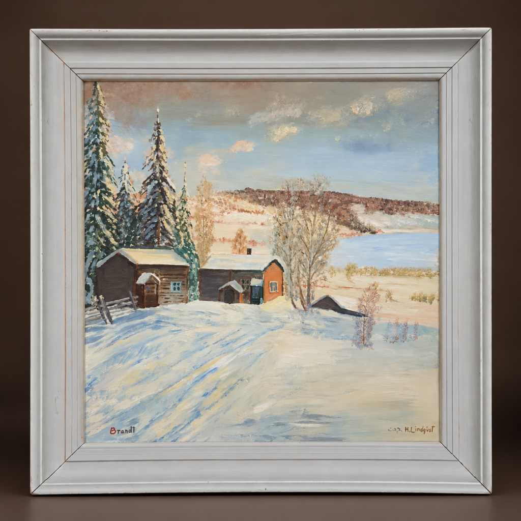 Vintage Swedish winter village oil painting after Carl Brandt, hand-painted copy signed H. Lindqvist, featuring snowy wooden cottages, pine trees, and a peaceful winter landscape in a white wooden frame, 72 × 70 cm.