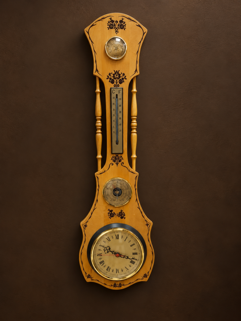 Vintage 1960s traditional wooden banjo weather station featuring a Roman numeral wall clock, barometer, Celsius and Fahrenheit thermometer, hygrometer, and decorative floral motifs.