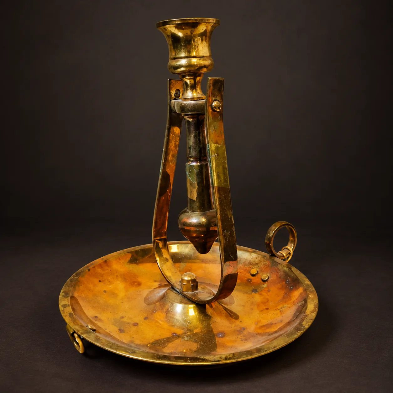Antique brass nautical gimbal chamberstick with self-leveling weighted candle holder, pivoting support frame, circular drip tray and aged brass patina, c. 1890s–1910s.