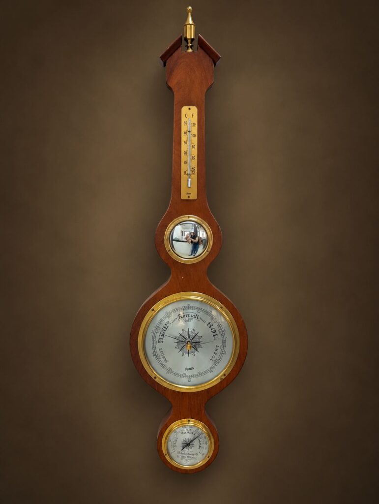 Vintage Georgian-wooden banjo barometer wall weather station with thermometer, hygrometer, convex mirror and brass accents, c. 1960s–1970s.